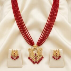 Peacock Pendant Red Crystal Necklace and Earrings Set