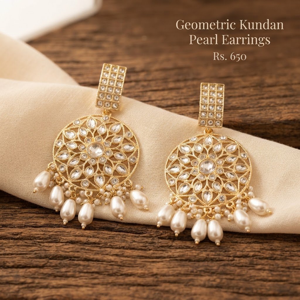 Geometric Kundan Pearl Drop Earrings - Image 2